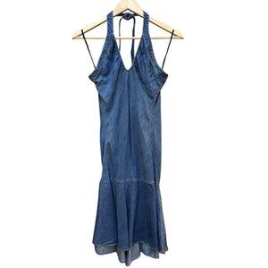 Armani Exchange Denim Dress Halter Neck Sleeveless Flared Hem Open Back Size 8